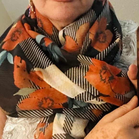unknown Accessories - Floral Black and Orange Silk Blend Scarf on geometric Black and White pattern